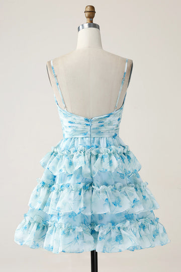 A-Line Spaghetti Straps Tiered Blue Floral Mini Dress
